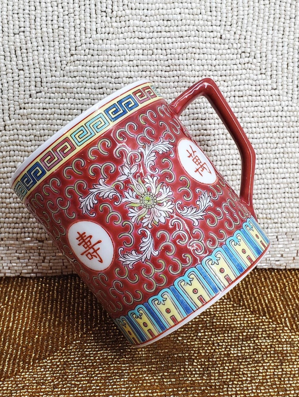 Vtg Mun Shou porcelain coffee mug traditionally manufactured in Jingdezhen China